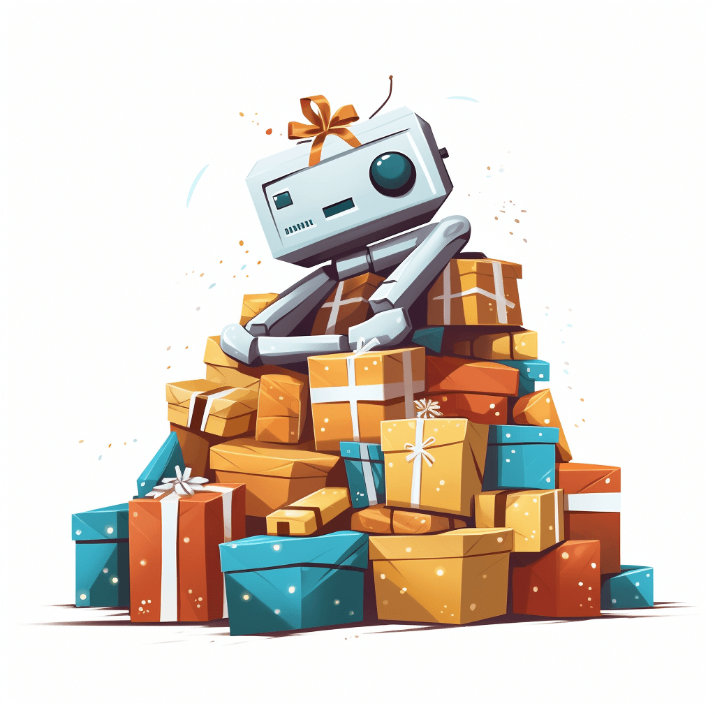 The Gift Bot - AI Robot Companion sitting on top of a pile of presents